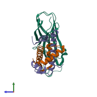 Hetero trimeric assembly 1 of PDB entry 2io5 coloured by chemically distinct molecules, side view.