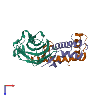 Hetero trimeric assembly 1 of PDB entry 2io5 coloured by chemically distinct molecules, top view.
