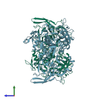 PDB entry 2iob coloured by chain, side view.