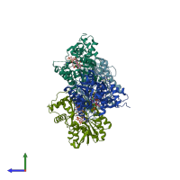 PDB entry 2iod coloured by chain, side view.