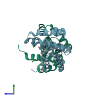 PDB entry 2iol coloured by chain, side view.