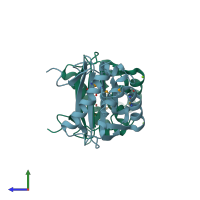 PDB entry 2iqq coloured by chain, side view.