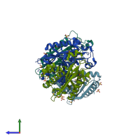 PDB entry 2is3 coloured by chain, side view.