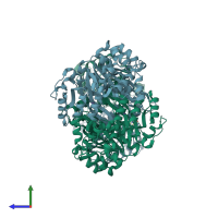 PDB entry 2iu0 coloured by chain, side view.