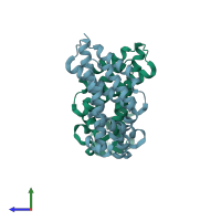 PDB entry 2iu5 coloured by chain, side view.
