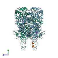 PDB entry 2iuf coloured by chain, side view.