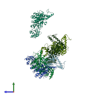 PDB entry 2ius coloured by chain, side view.