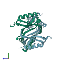 PDB entry 2ivm coloured by chain, side view.