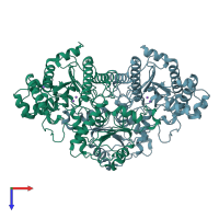 PDB entry 2iw2 coloured by chain, top view.