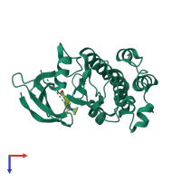 Monomeric assembly 1 of PDB entry 2iwi coloured by chemically distinct molecules, top view.