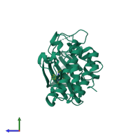 Monomeric assembly 2 of PDB entry 2iwi coloured by chemically distinct molecules, side view.