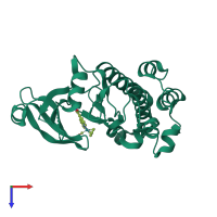Monomeric assembly 2 of PDB entry 2iwi coloured by chemically distinct molecules, top view.