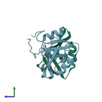 PDB entry 2iwo coloured by chain, side view.