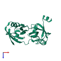 Homo dimeric assembly 1 of PDB entry 2iwp coloured by chemically distinct molecules, top view.