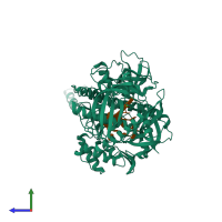 PDB entry 2ix1 coloured by chain, side view.