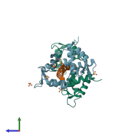 PDB entry 2ix7 coloured by chain, side view.