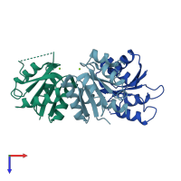 PDB entry 2iyn coloured by chain, top view.