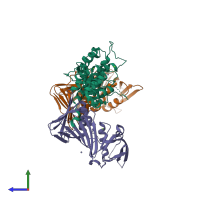 PDB entry 2izo coloured by chain, side view.