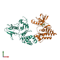 Hetero dimeric assembly 1 of PDB entry 2j0m coloured by chemically distinct molecules, front view.