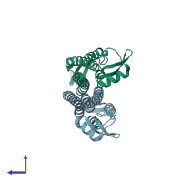 PDB entry 2j0n coloured by chain, side view.