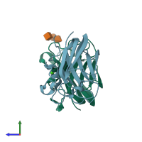 PDB entry 2j1v coloured by chain, side view.