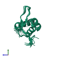 PDB entry 2j5o coloured by chain, ensemble of 20 models, side view.