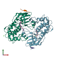 PDB entry 2jam coloured by chain, front view.