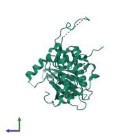Monomeric assembly 2 of PDB entry 2jbp coloured by chemically distinct molecules, side view.