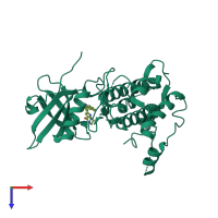 Monomeric assembly 3 of PDB entry 2jbp coloured by chemically distinct molecules, top view.