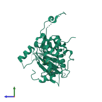 Monomeric assembly 4 of PDB entry 2jbp coloured by chemically distinct molecules, side view.