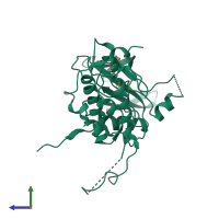 Monomeric assembly 5 of PDB entry 2jbp coloured by chemically distinct molecules, side view.