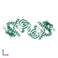 Homo dimeric assembly 1 of PDB entry 2jc6 coloured by chemically distinct molecules, front view.