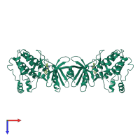 Homo dimeric assembly 1 of PDB entry 2jc6 coloured by chemically distinct molecules, top view.