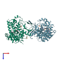 PDB entry 2jcv coloured by chain, top view.