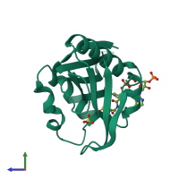 PDB entry 2jdc coloured by chain, side view.
