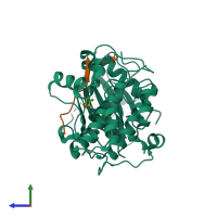 PDB entry 2jdo coloured by chain, side view.