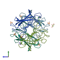 PDB entry 2jdu coloured by chain, side view.