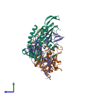 PDB entry 2jeb coloured by chain, side view.