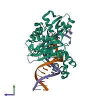 PDB entry 2jeg coloured by chain, side view.