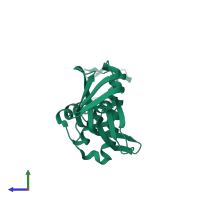 PDB entry 2jeu coloured by chain, side view.