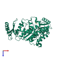 Monomeric assembly 1 of PDB entry 2jfk coloured by chemically distinct molecules, top view.