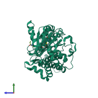 Monomeric assembly 2 of PDB entry 2jfk coloured by chemically distinct molecules, side view.