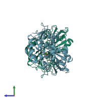 PDB entry 2jfp coloured by chain, side view.