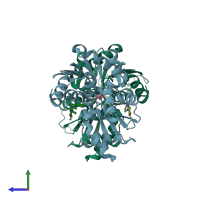 PDB entry 2jfz coloured by chain, side view.