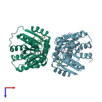 PDB entry 2jfz coloured by chain, top view.