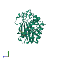 Monomeric assembly 2 of PDB entry 2jiv coloured by chemically distinct molecules, side view.