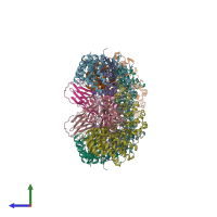 PDB entry 2jkt coloured by chain, side view.