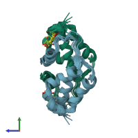 PDB entry 2jpt coloured by chain, ensemble of 10 models, side view.