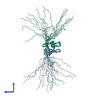 PDB entry 2jra coloured by chain, ensemble of 20 models, side view.