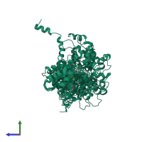 PDB entry 2jtz coloured by chain, ensemble of 10 models, side view.